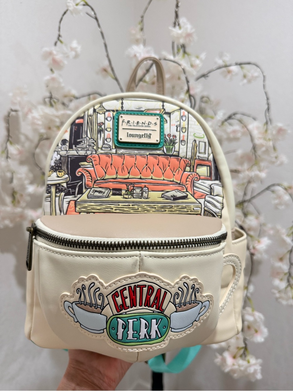 Loungefly Cream Central Perk Mini Backpack with Orange Couch Artwork